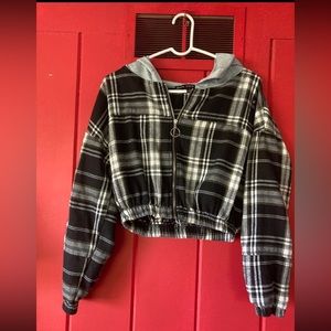 Hyfve Plaid Cropped Zip-Up with Gray Hood Size L- fits like a M